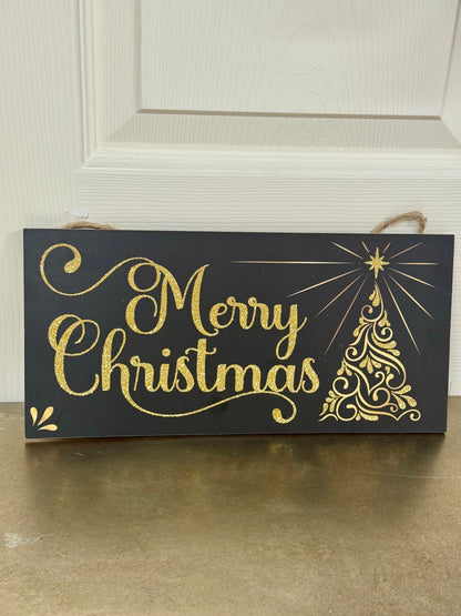 12.5 Inch Black And Gold Merry Christmas Swirl Tree Wooden Sign