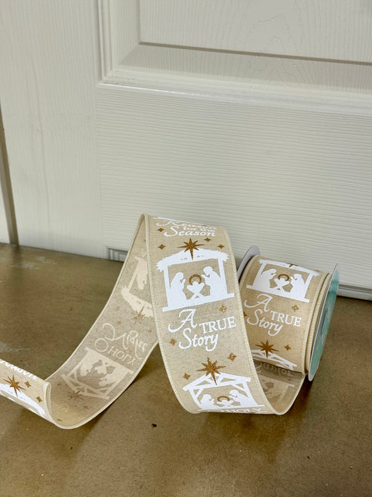 2.5 Inch By 10 Yard Cream And White Nativity Scene Ribbon