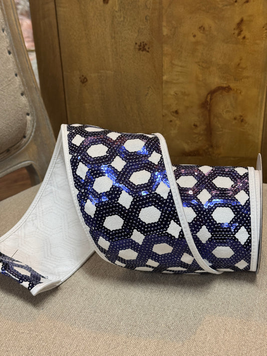 John Mark 4 Inch By 5 Yard Blue And White Sequin Dupioni Fused Piping Ribbon