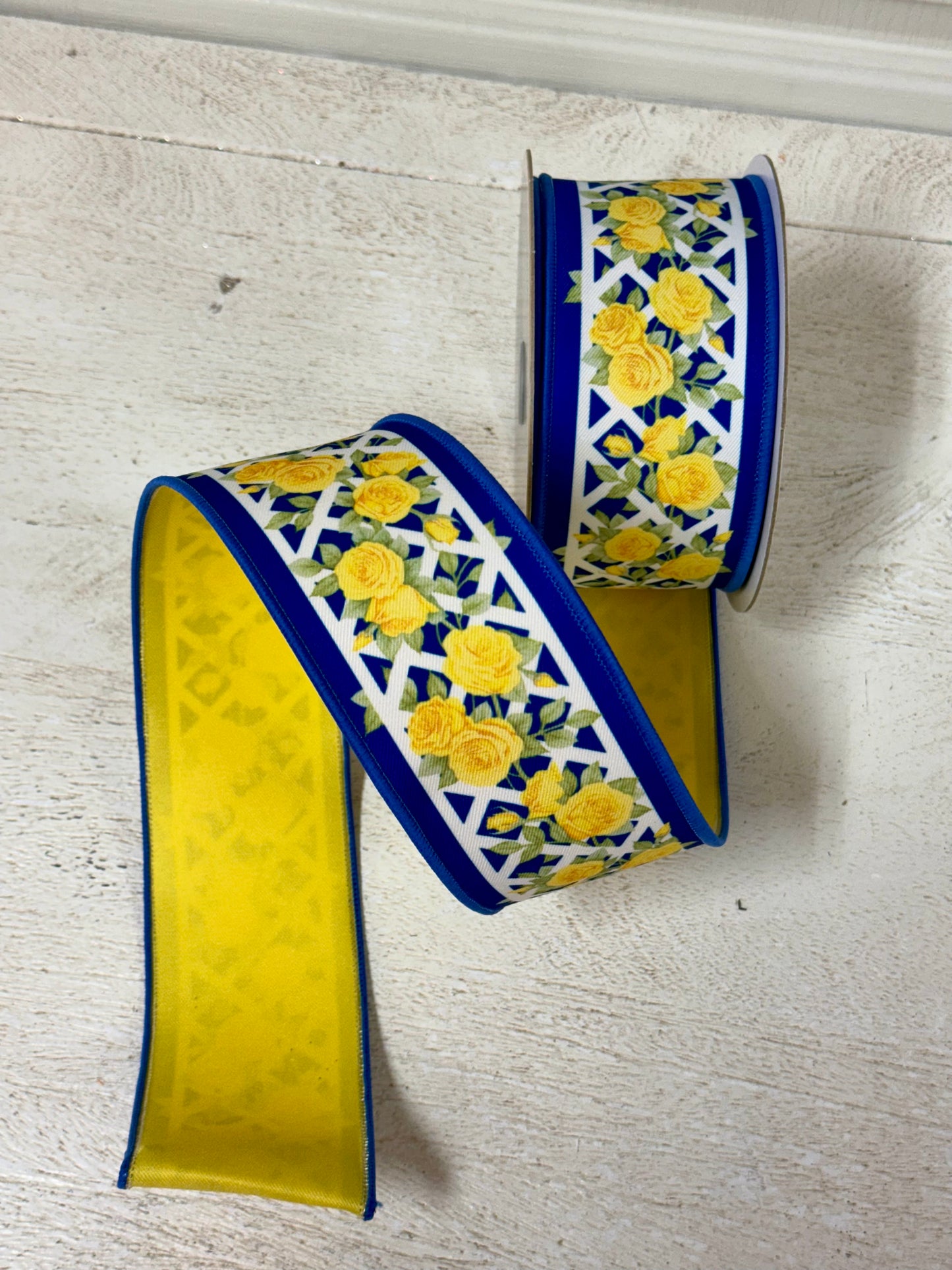 2.5 Inch By 10 Yard Blue And Yellow Rose Trellis Fused Backing Ribbon