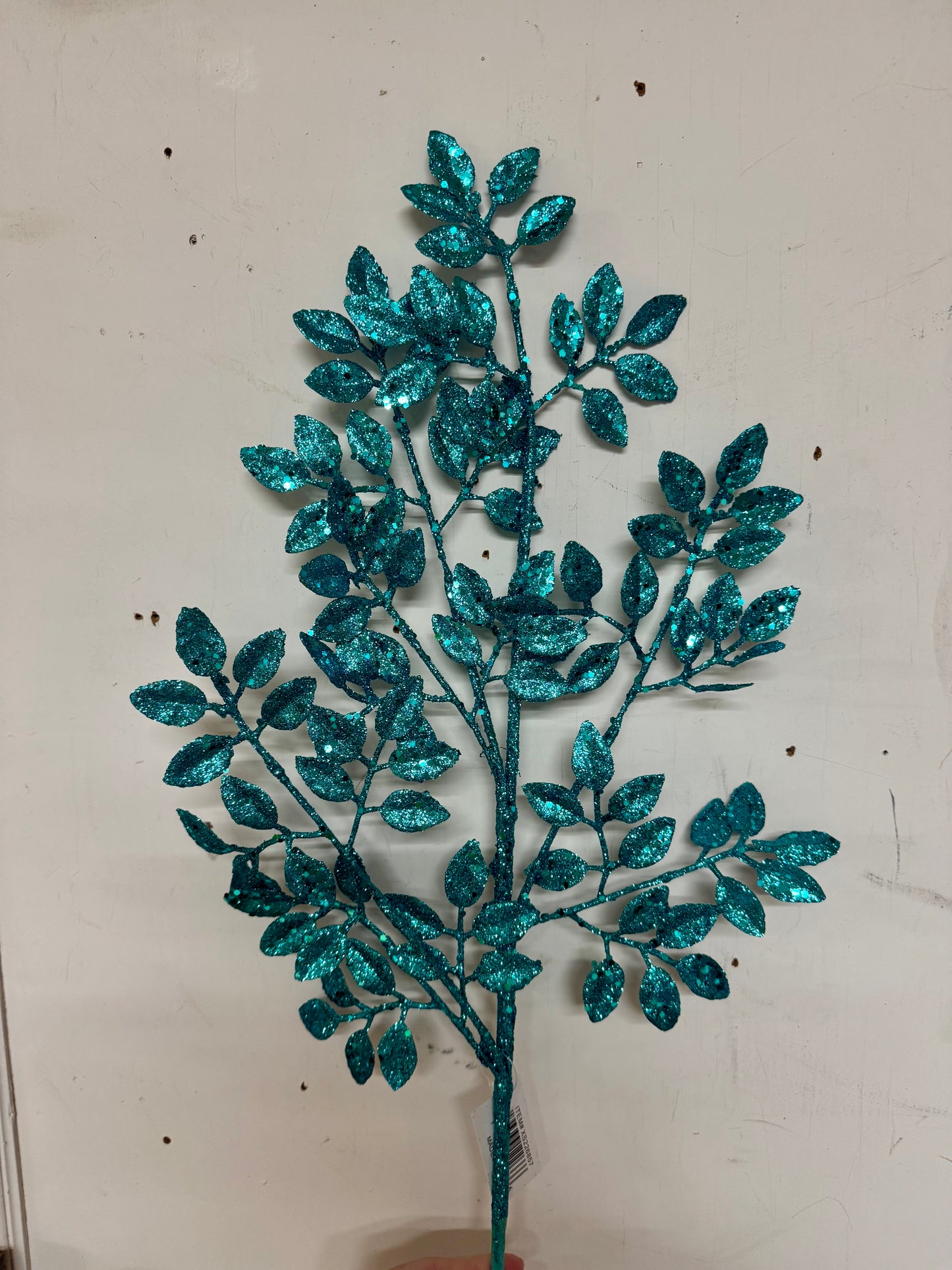28 Inch Turquoise Glitter Leaf Spray
