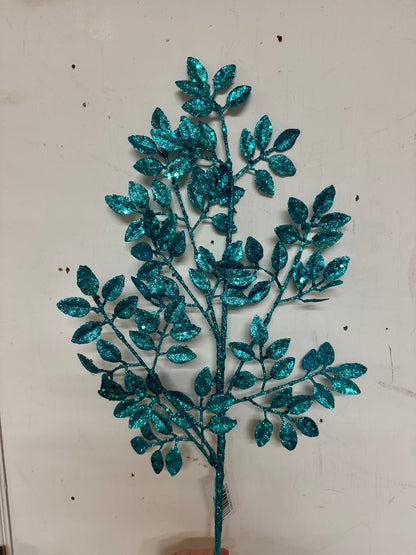 28 Inch Turquoise Glitter Leaf Spray