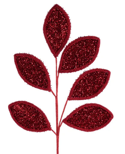 28 Inch Red Glitter And Lace Leaf Spray