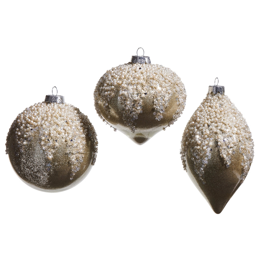 4 Inch Pearl Taupe Frosted Glass Ornament Three Assorted