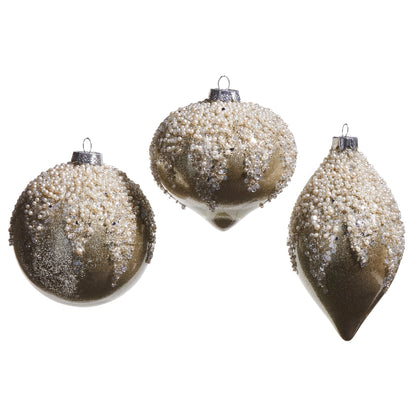 4 Inch Pearl Taupe Frosted Glass Ornament Three Assorted