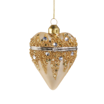3.5 Inch Champagne Gold Sequin Glass Heart Box Ornament