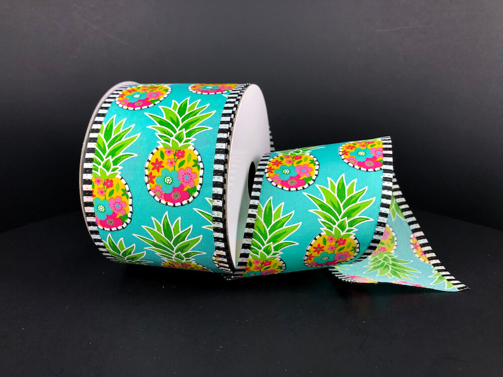 2.5 Inch By 10 Yard Blue Background With Pineapples Ribbon