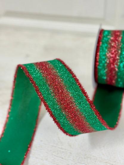 2.5 Inch By 10 Yard Red And Emerald Gradient Glitter Ribbon With Red Tinsel Edging