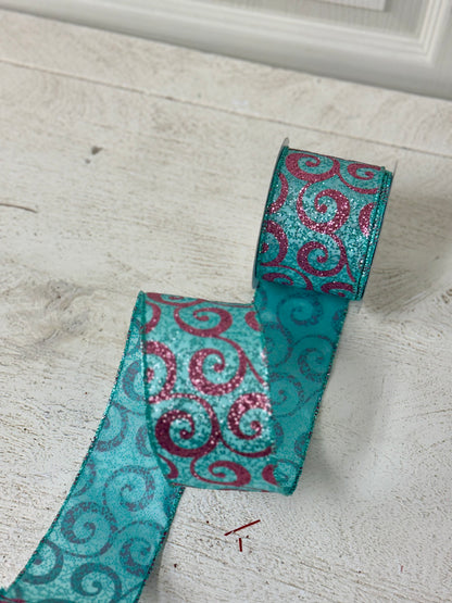 2.5 Inch By 10 Yard Teal And Pink Glitter Swirl Ribbon