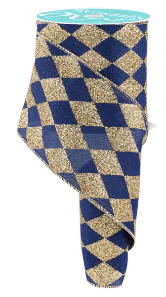 4 Inch By 10 Yard Navy Blue And Gold Harlequin Check Ribbon