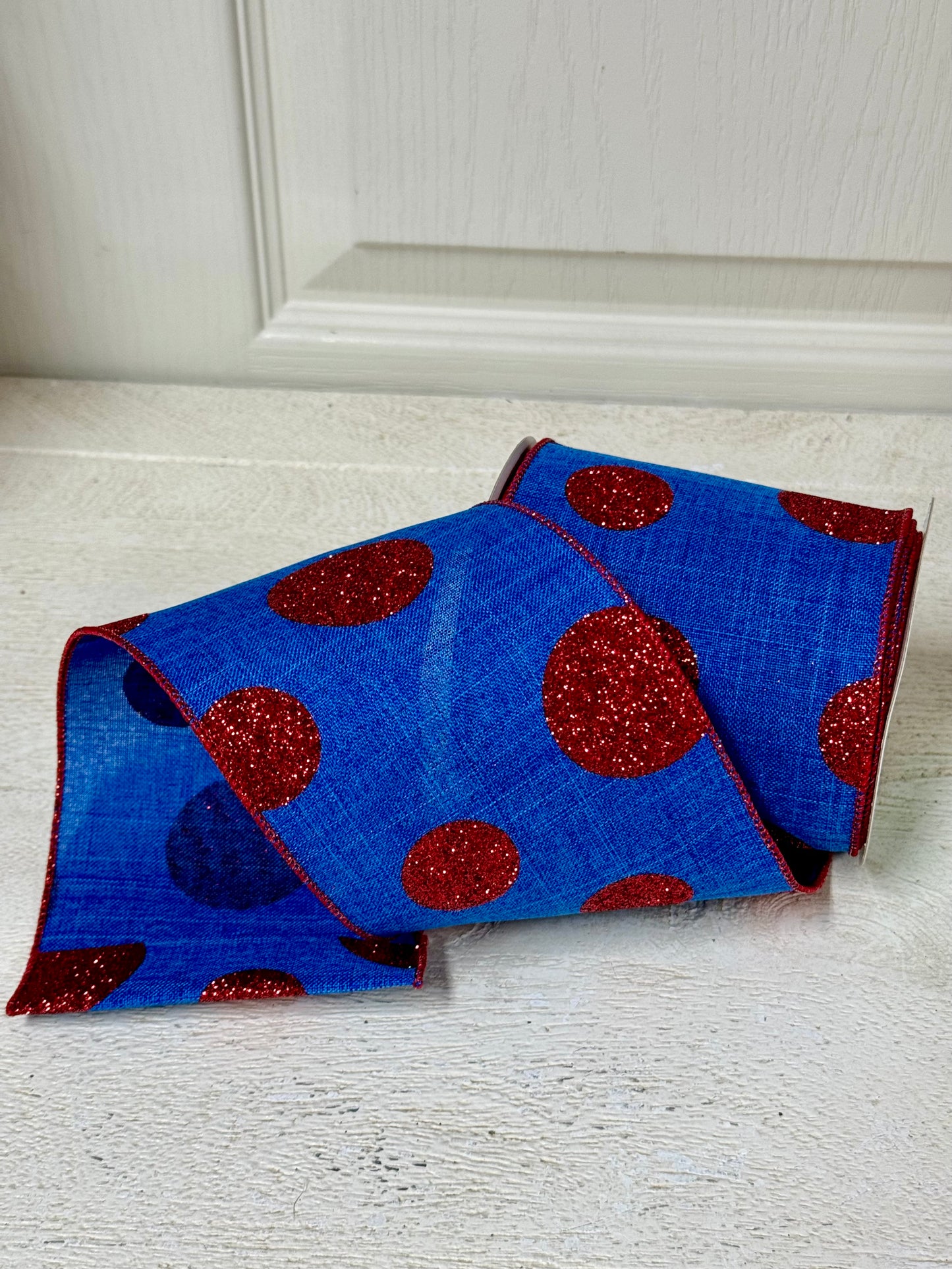 4 Inch By 10 Yard Royal Blue And Red Polka Dot Ribbon