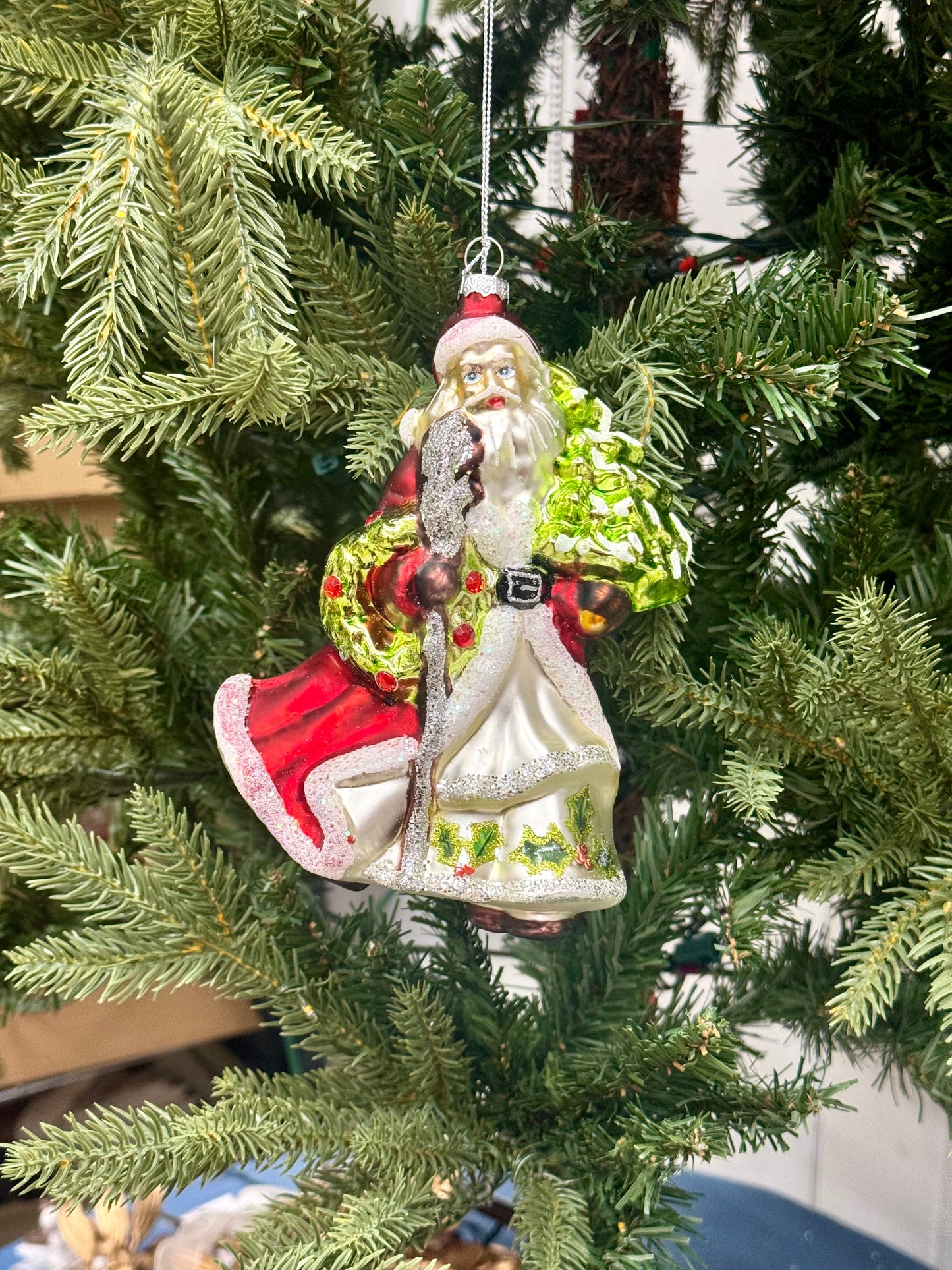 7.25 Inch Red White And Green Santa Claus Glass Ornament