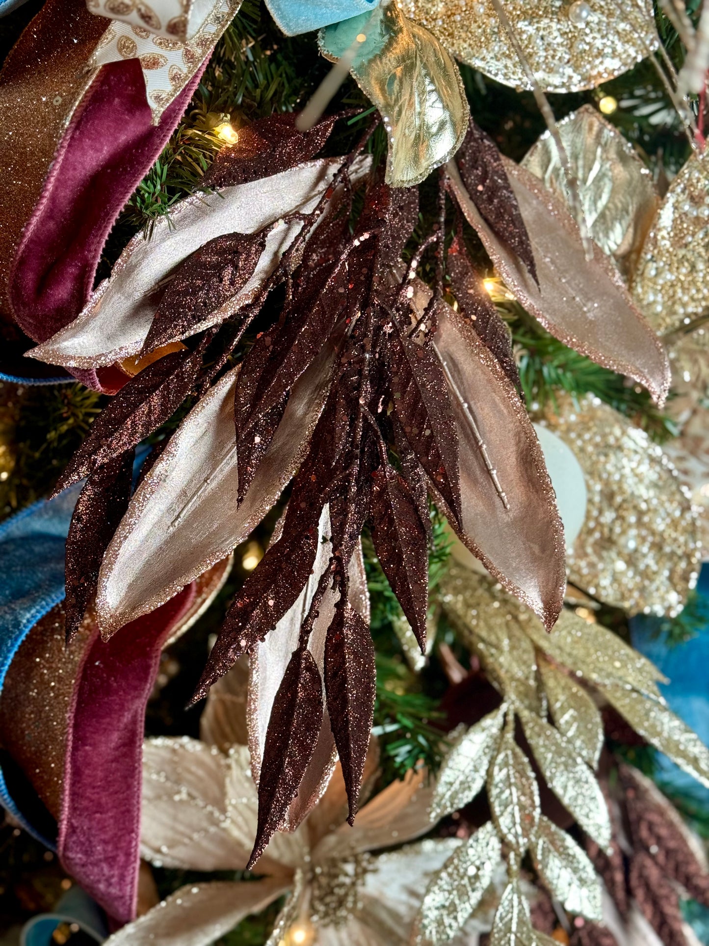 28 Inch Long Brown Glitter Leaf Spray