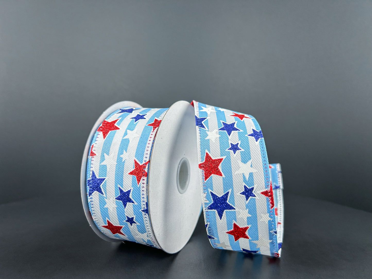 1.5 Inch By 10 Yard Blue And White Striped Ribbon With Glitter Stars Ribbon
