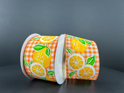 2.5 Inch By 10 Yard Orange Gingham With Lemons Ribbon