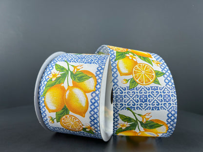 2.5 Inch By 10 Yard Blue Tile Squares With Lemons Ribbon