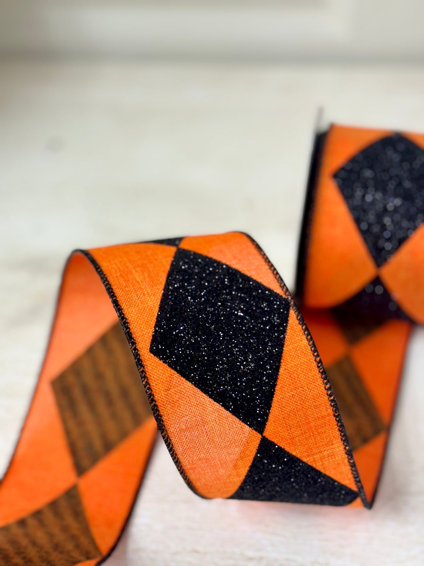 2.5 Inch By 10 Yard Orange And Black Bold Harlequin Ribbon