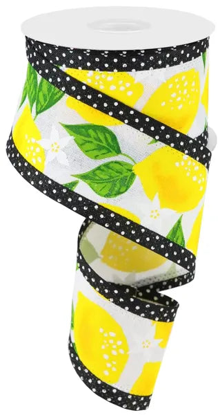 2.5 Inch By 10 Yard White Yellow And Black Lemons And Swiss Dots