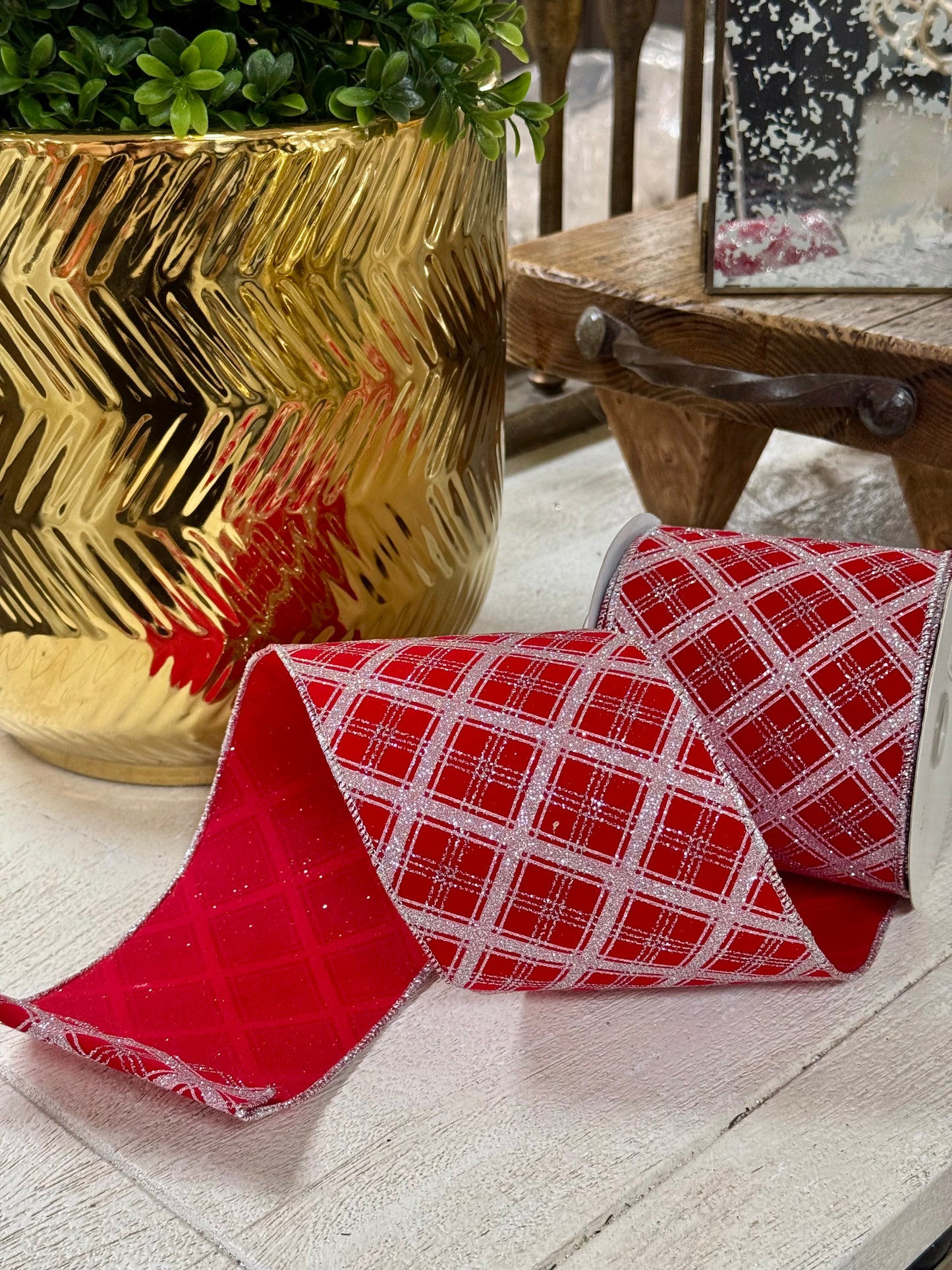 4 Inch By 10 Yard Red And Silver Lattice Glitter Velvet Ribbon