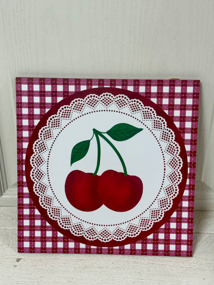 10 Inch Red And White Cherry With Lace Wooden Sign