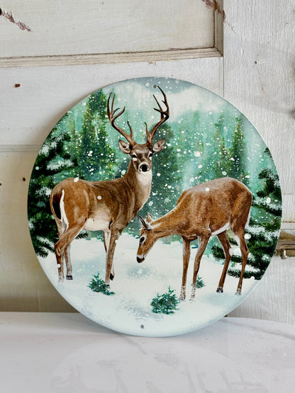 12 Inch Snow Scene Deer Metal Sign