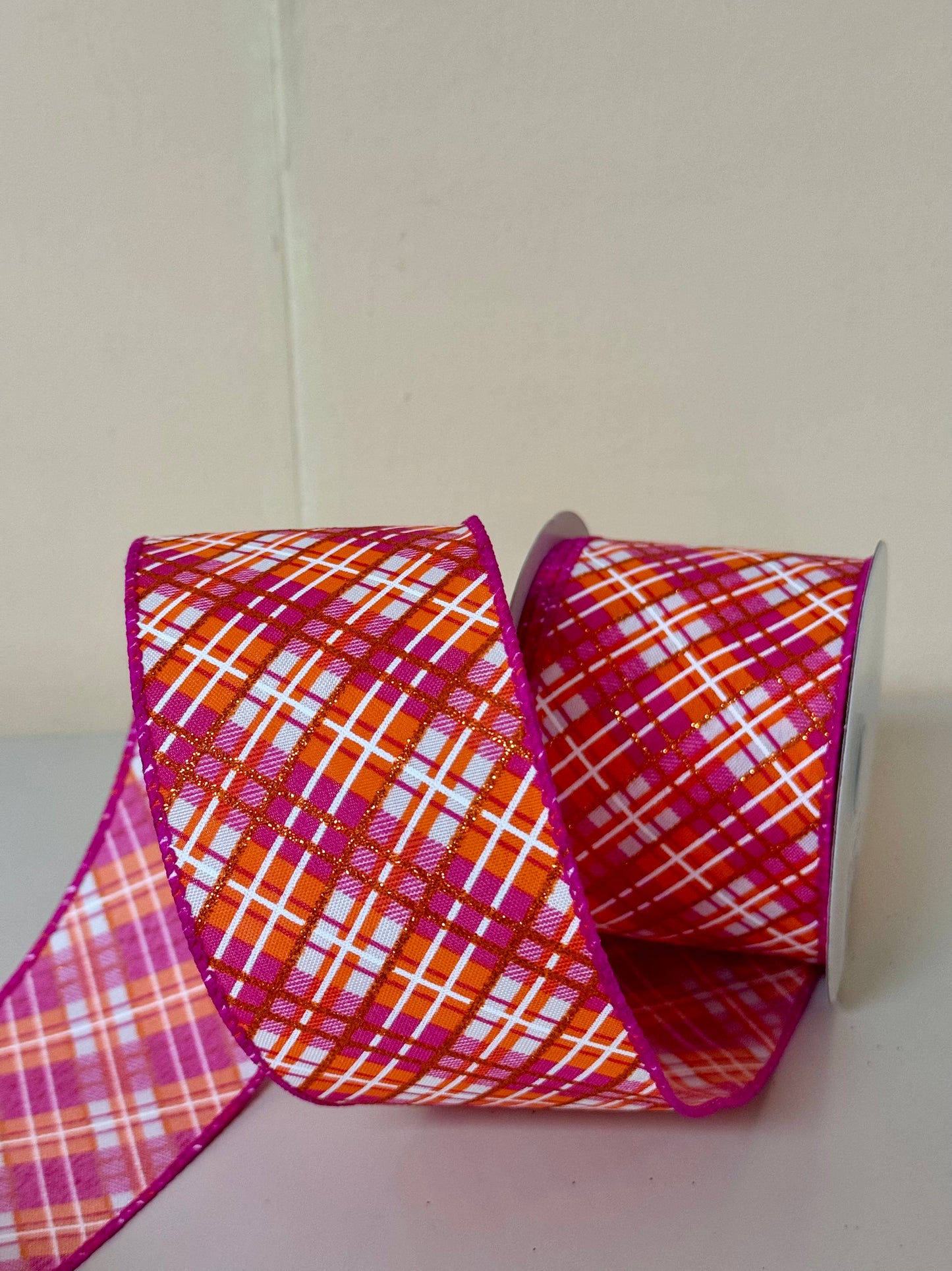 2.5 Inch By 10 Yard Orange Fuchsia And White Diagonal Plaid Ribbon