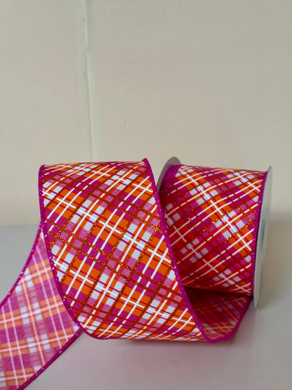 2.5 Inch By 10 Yard Orange Fuchsia And White Diagonal Plaid Ribbon