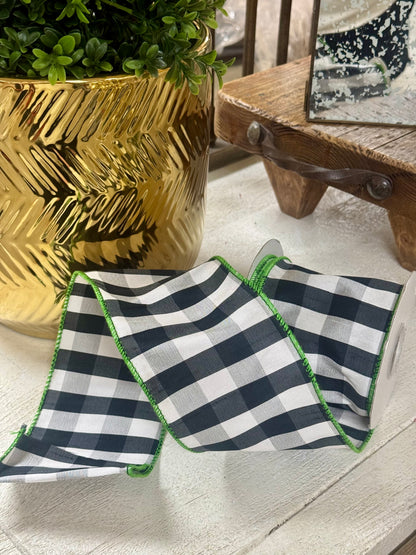 4 Inch By 10 Yard Black And White Gingham Check With Lime Green Edging Ribbon