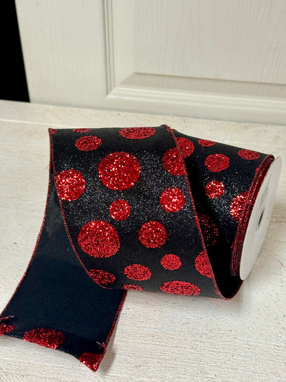 4 Inch By 10 Yard Black And Red Glitter Giant Polka Dots Ribbon