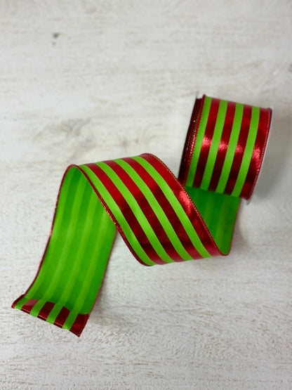 2.5 Inch By 10 Yard Red And Lime Metallic Vertical Striped Ribbon