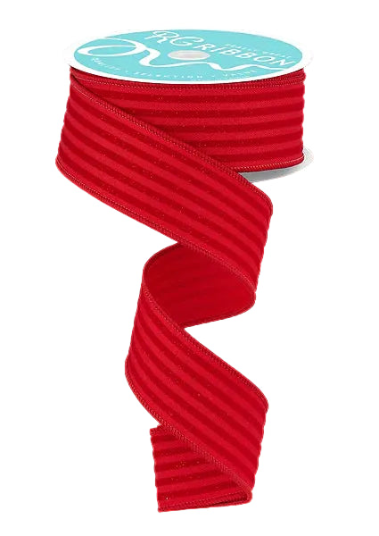 1.5 Inch By 10 Yard Red Glittered Velvet Vertical Lines Ribbon