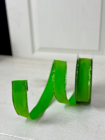 1.5 Inch By 10 Yard Lime Green Velvet Ribbon With Lime Tinsel Trim