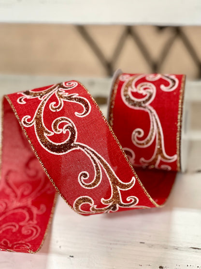 Red Wired Ribbon With Copper Ombre Swirl Design 2.5 Inch