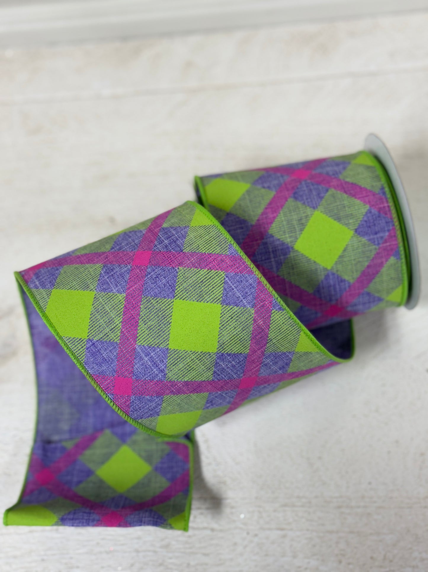 4 Inch By 10 Yard Lavender Pink And Lime Green Plaid Ribbon