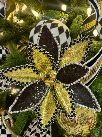 11 Inch Black And Gold Glitter Beaded Poinsettia Spray