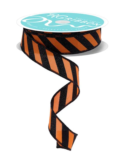 7/8 Inch By 10 Yard Orange And Black Diagonal Glitter Stripe Ribbon