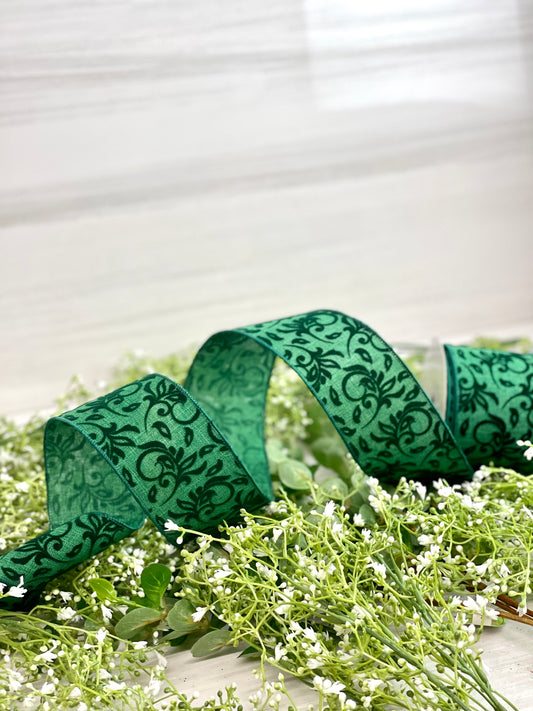 2.5 Inch By 10 Yard Green Background With Green Flocked Swirl Ribbon