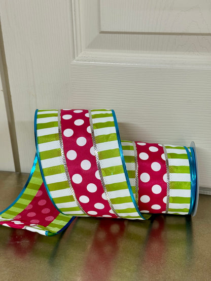 4 Inch By 10 Yard Hot Pink Lime Polka Dot With Stripes Ribbon
