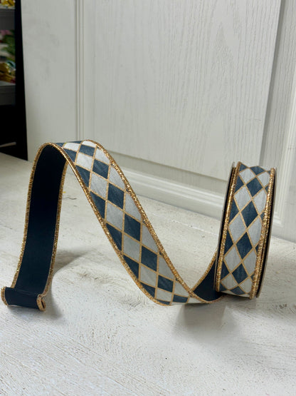 1.5 Inch By 10 Yard Black Gold And Cream Antique Harlequin Fused Ribbon