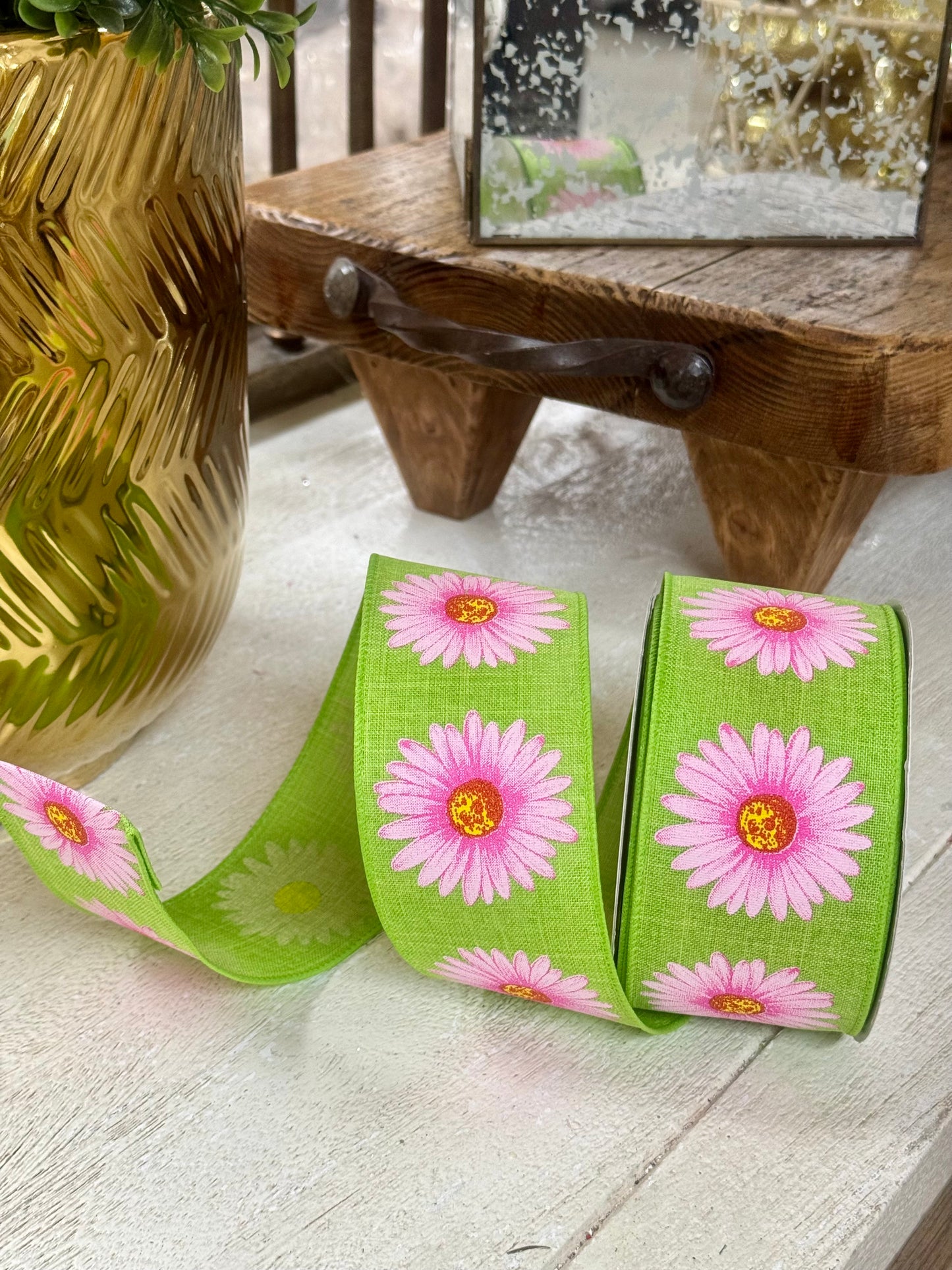 2.5 Inch By 20 Yard Pink And Lime Green Gerbera Daisy Ribbon
