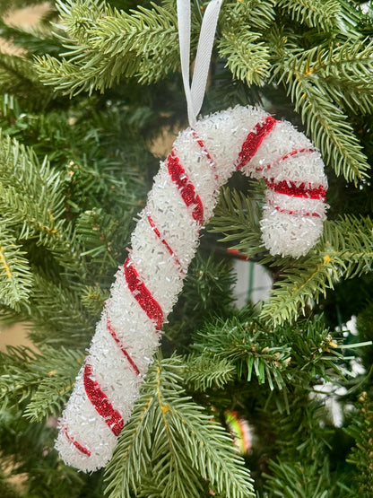 7 Inch Red And White Tinsel Candy Cane Ornament