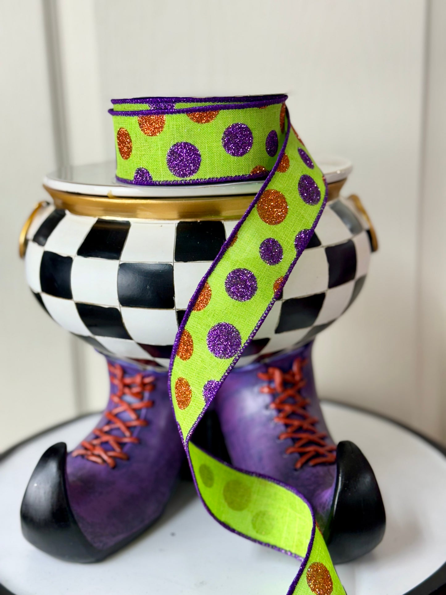 1.5 Inch By 10 Yard Lime Purple And Orange Glitter Polka Dot Ribbon