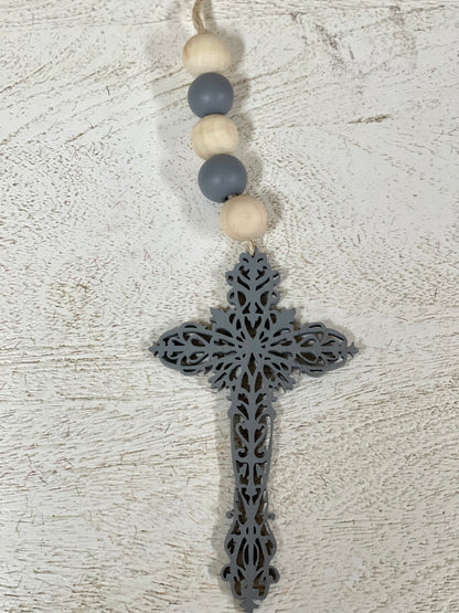 9.5 Inch Natural And Gray Wood Beaded Cross Ornament
