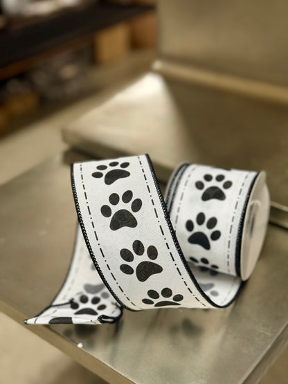 2.5 Inch By 10 Yard Black And White Paw Prints Ribbon