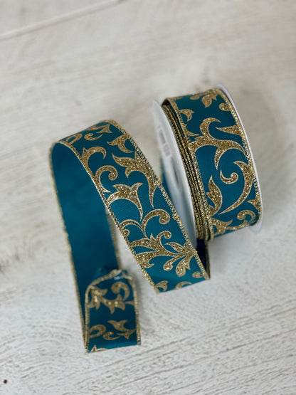 1.5 Inch By 10 Yard Dark Teal With Gold Acanthus Leaf Ribbon