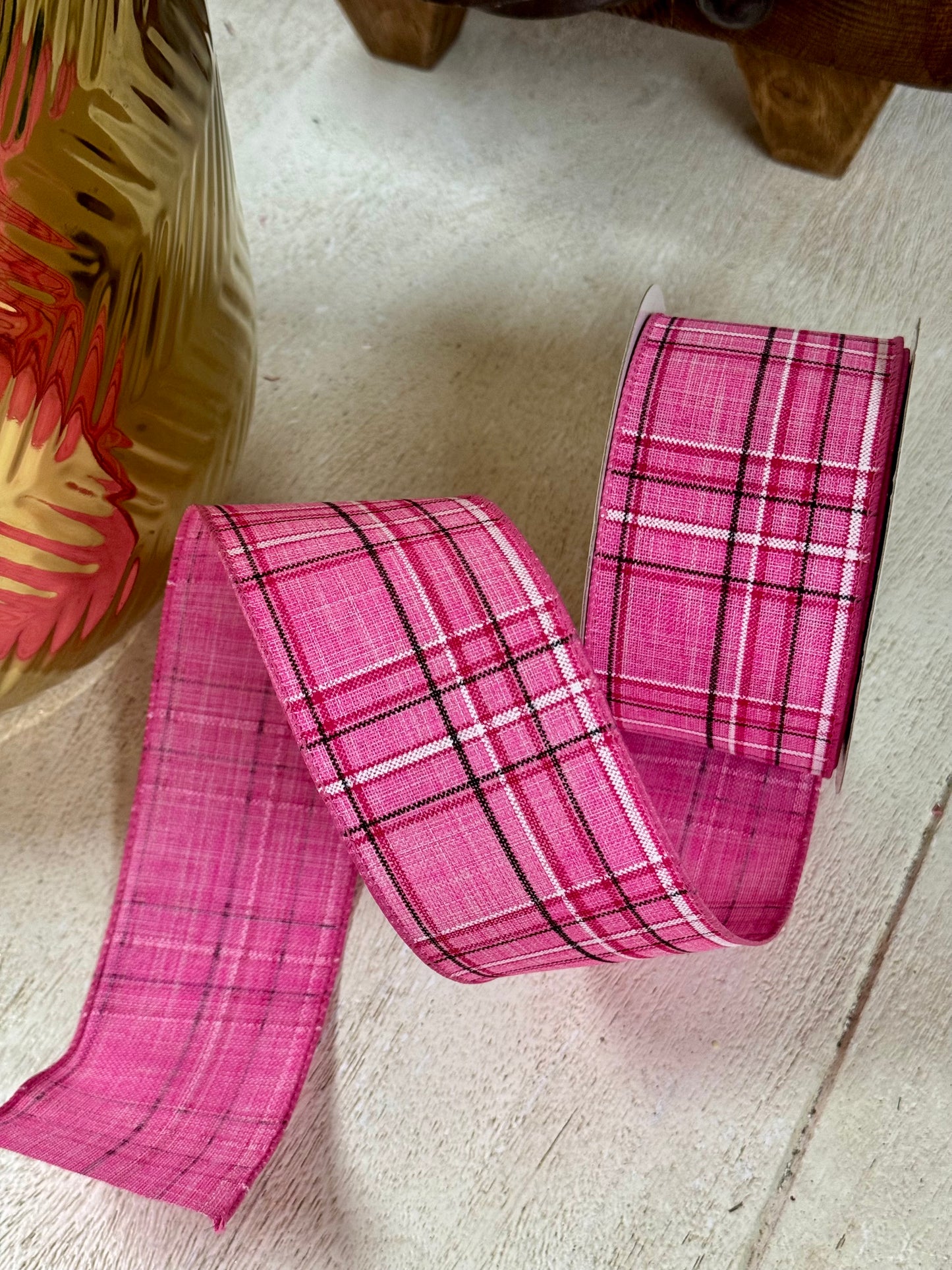 2.5 Inch By 10 Yard Pink Pinstripe Plaid Linen Ribbon