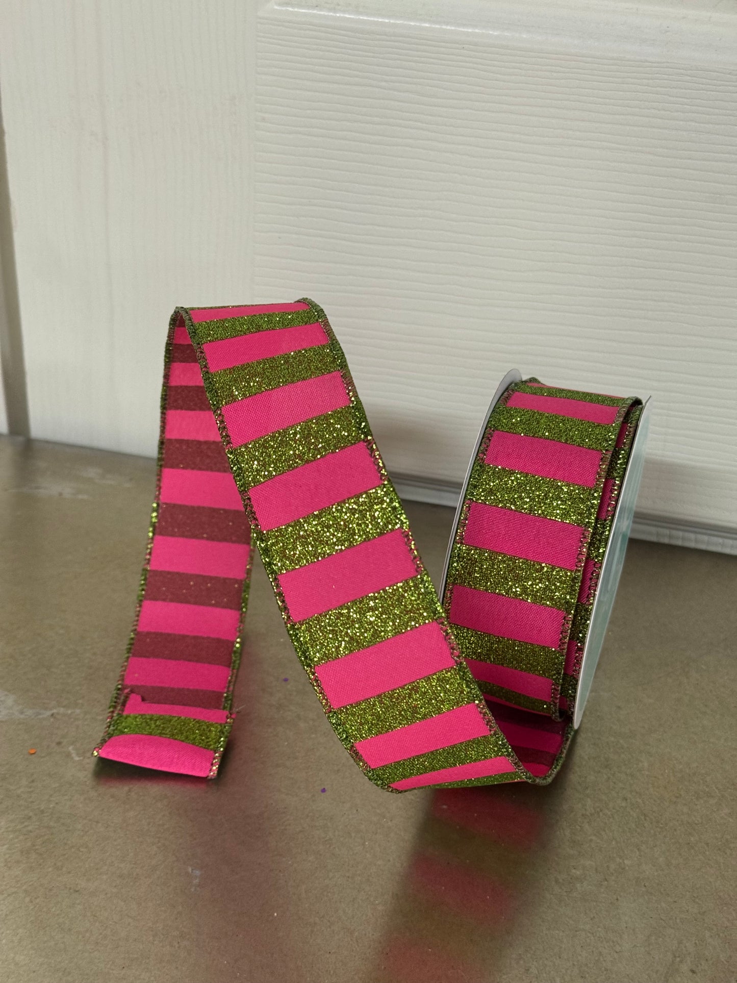 1.5 Inch By 10 Yard Lime Green And Hot Pink Striped Ribbon