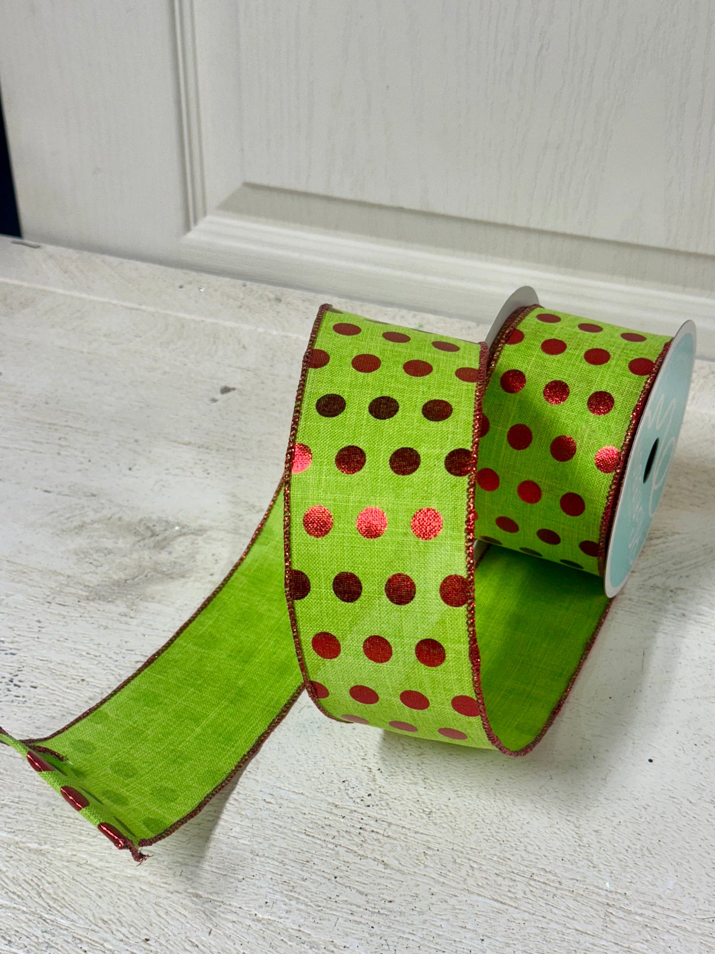 2.5 Inch By 10 Yard Lime Green And Red Metallic Polka Dot Ribbon