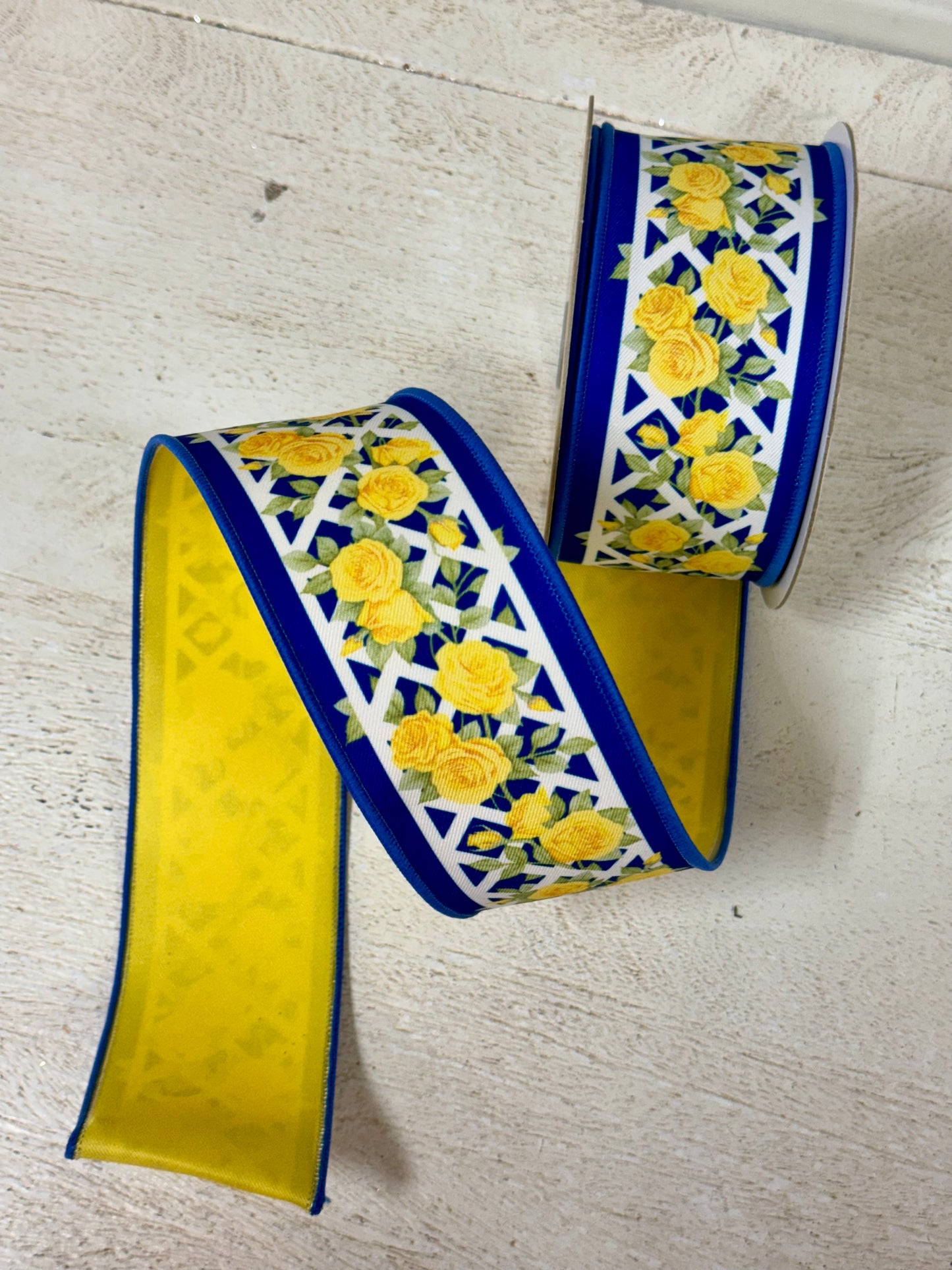 2.5 Inch By 10 Yard Blue And Yellow Rose Trellis Fused Backing Ribbon