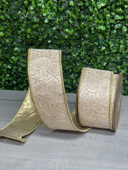 2.5 Inch By 10 Yard Ivory With Gold Jacquard Fused Backing Ribbon